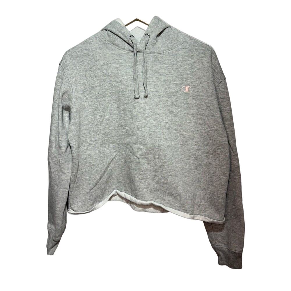Champion Cropped Hoodie Women’s Size Large Gray Pink Logo Pullover Sweatshirt